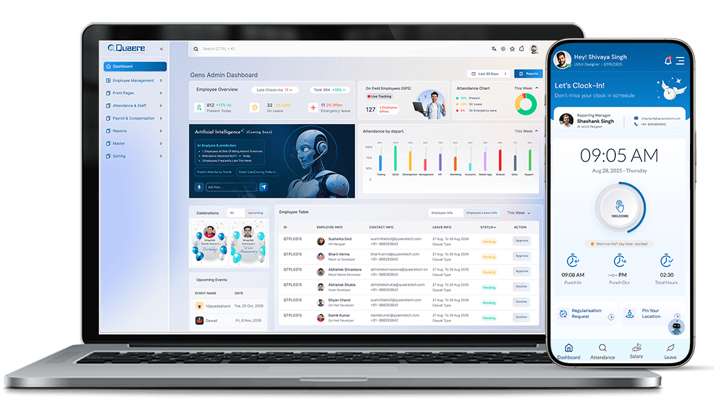 GENS HRMS admin dashboard on laptop and mobile employee app