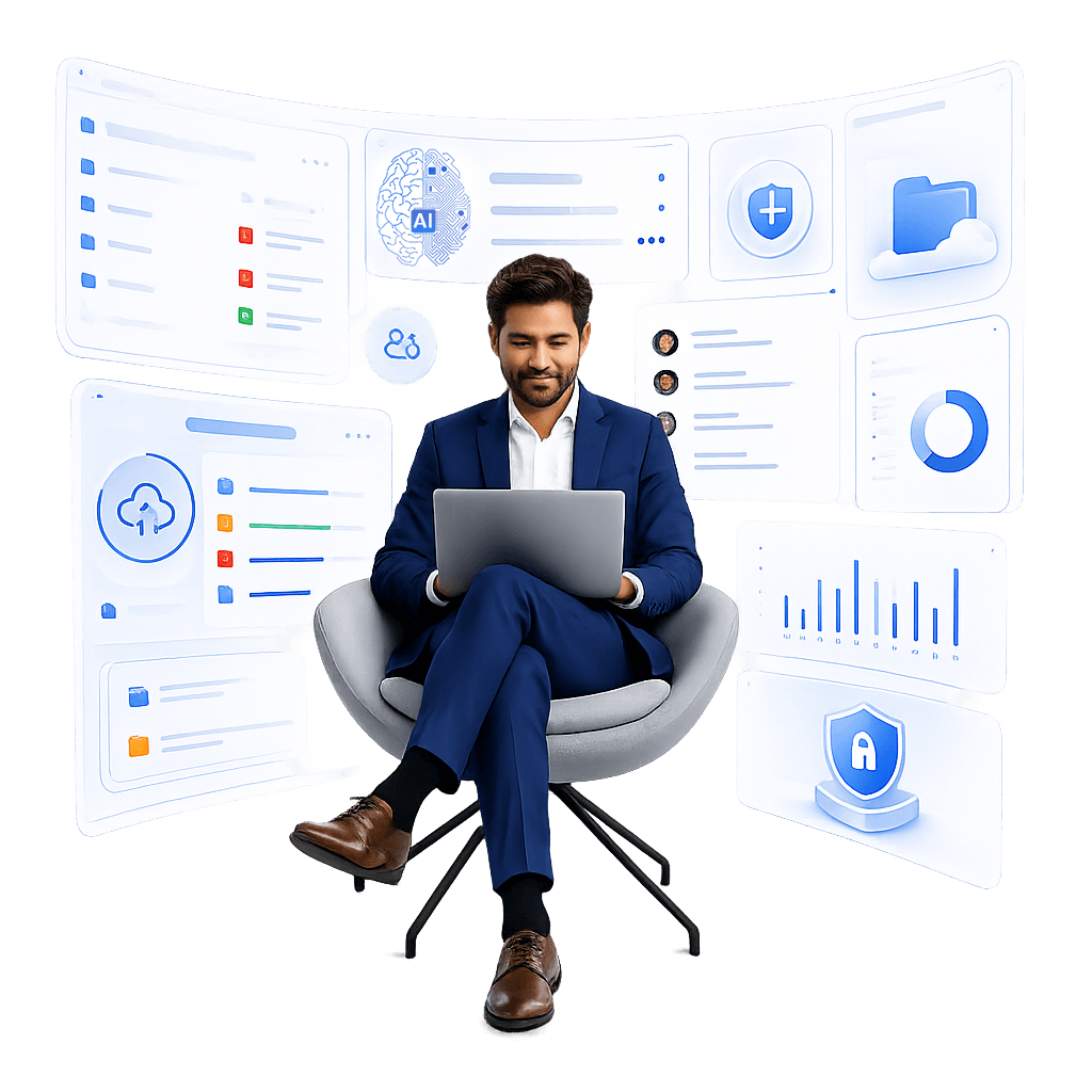 HR professional using GENS HRMS with connected workforce analytics dashboards