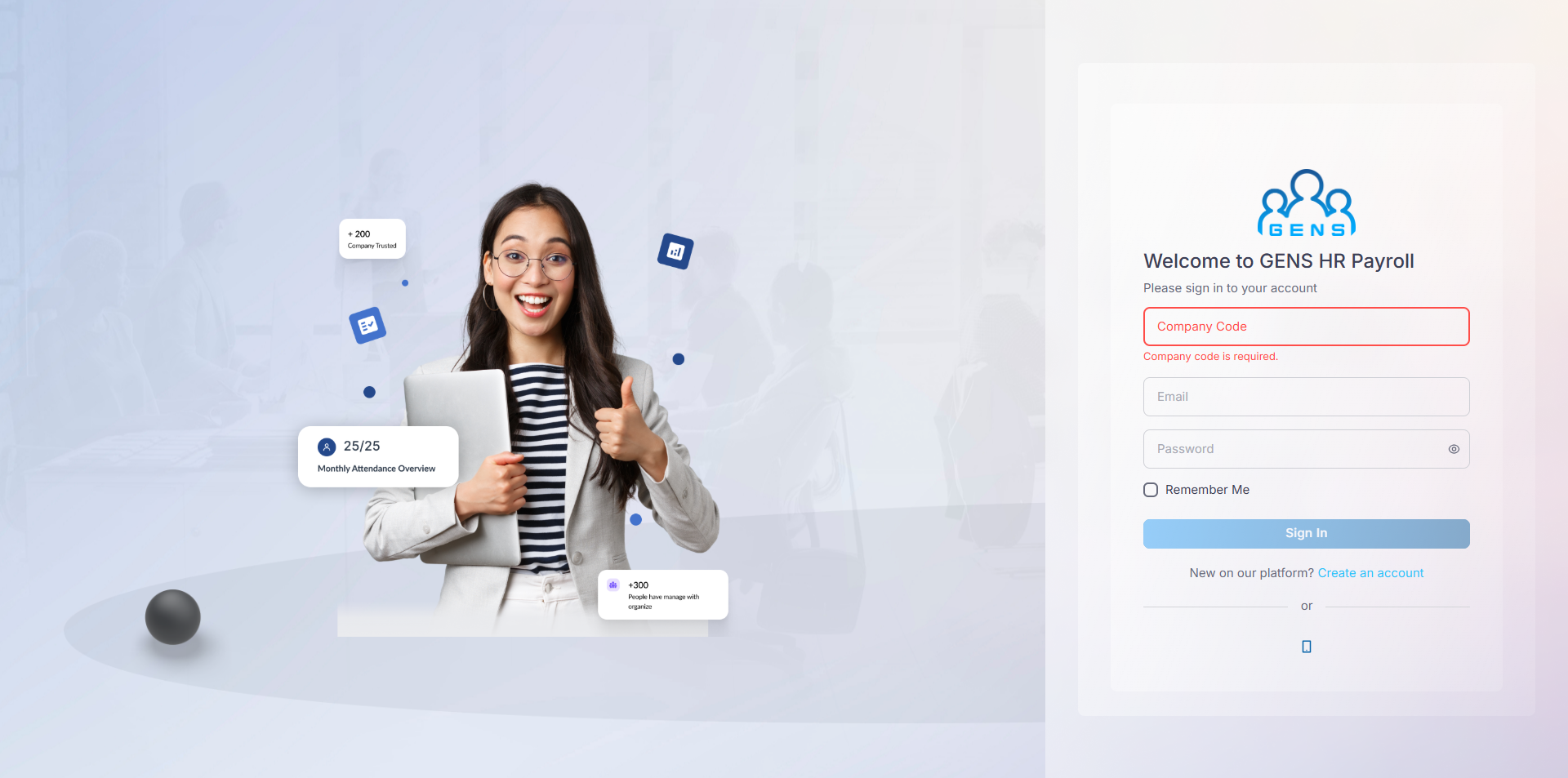 GENS web HR dashboard screen